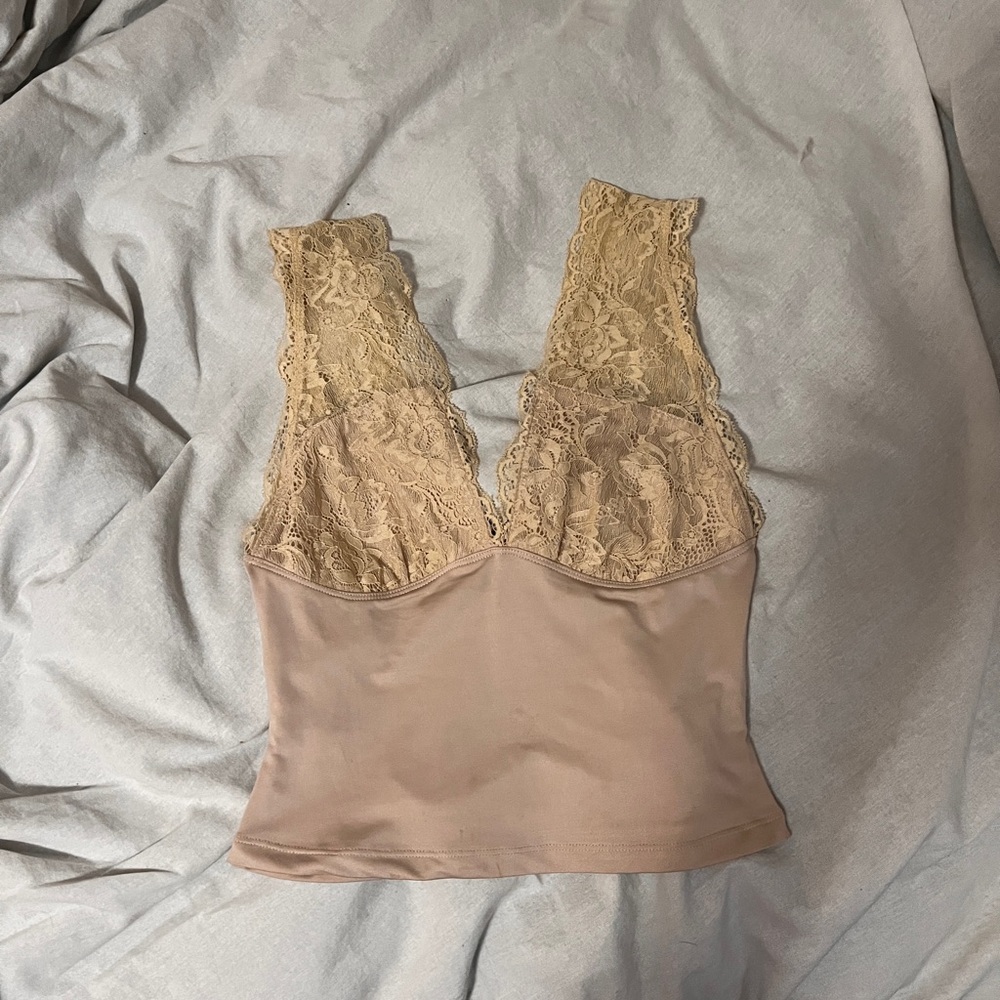 Lace and Satin Beige Tank Top